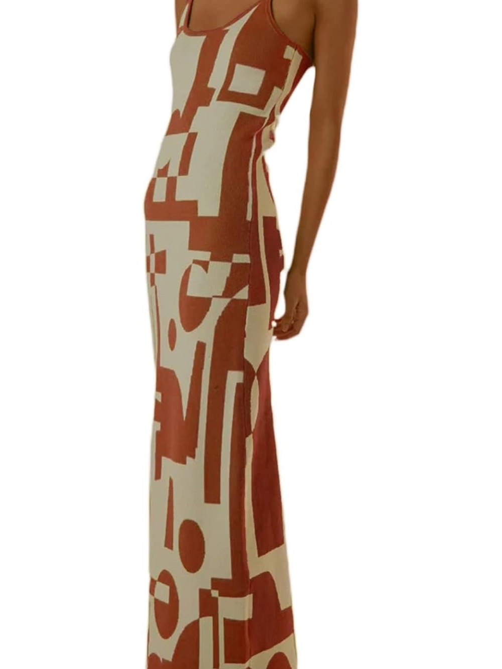 Sleeveless Rust & Cream Knit Geometric Maxi Dress